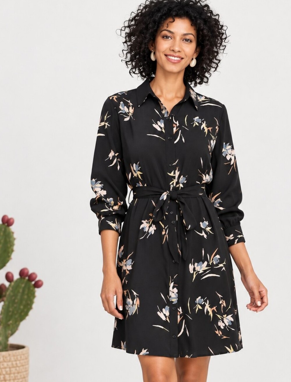 Women's Size Large Floral Button Up Shirt Dress Black Classic